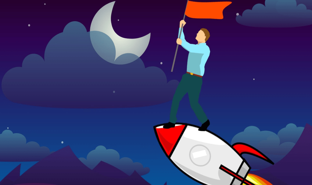 personnage monté avec un drapeau sur une fusée